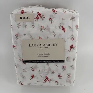 4pc Laura Ashley King Bed Red Cardinal Holly Flo Holiday Sheet Set 100% Cotton